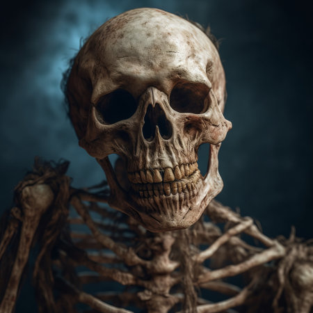 a skeleton, with a strong facial expression, looks directly at the camera. the darkly detailed and creased features of the skeleton's face, along with the dark azure and dark amber color tones, create a realistic and intense studio portraiture. the skeleton's finger and thumb add a unique touch to the composition, giving it a smilecore vibe. ai generatedの素材