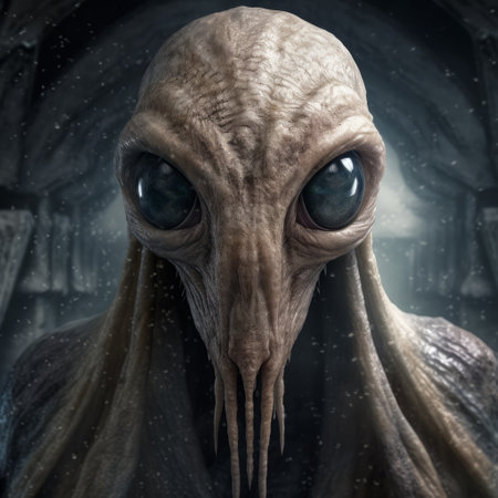 a dark beige and gray hobbit art piece featuring a hyper-detailed portrait in the style of lovecraftian artwork. this screencap showcases a futuristic sci-fi mod with avian-themed elements. the realistic portrayal and depth of field add a sense of silence and intrigue to the overall composition. explore this captivating artwork for unique wallpapers and cdmo patches. ai generatedの素材