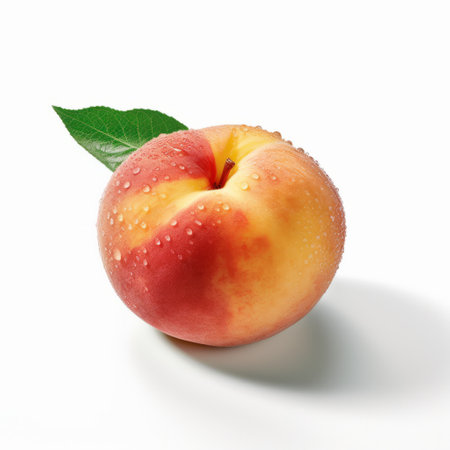 waterdrops on a peach - free psd files featuring realistic lifelike accuracy. the photo showcases the peach with waterdrops on a white background. this creative commons attribution image is a meticulous and photorealistic still life, captured in high resolution. the cranberrycore and striped details add an extra touch of visual interest. ai generatedの素材