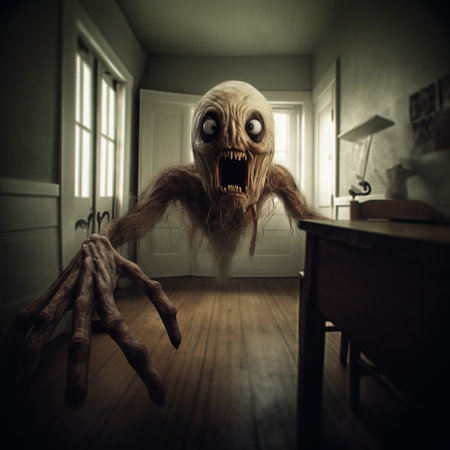 a scary monster lurks in this creepy photo art, featuring a haunted house in the background. the image, captured in the style of fisheye effects, showcases a combination of light brown and white tones. this tabletop photography piece is presented in 8k 3d, with a yankeecore aesthetic and a strong emphasis on character design. get ready to be captivated by the eerie atmosphere of thisの素材