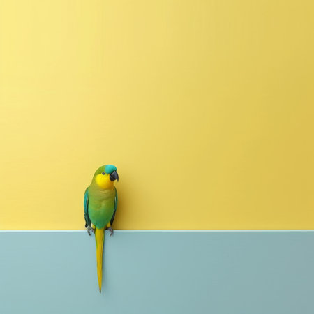 a small parrot perched on a yellow background, showcasing the artistic style of mike campau. the parrot stands out with its vibrant colors, while the minimalist background in light aquamarine and azure adds a touch of elegance. the photorealistic detail captures the parrot's beauty, creating a visually stunning image. the colorful muralist elements and bright color blocks enhance the overall composition. ai generatedの素材