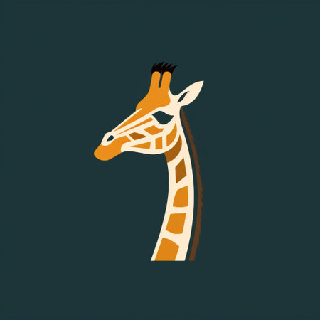 the giraffe's head, in the style of a minimalist illustrator, is a combination of orange and brown with black ears and face. against a black background, the dark green and light beige hand-painted details bring out the simplistic yet colorful illustrations. the elongated shapes of the giraffe's head add to the overall simplicity of the artwork. ai generatedの素材