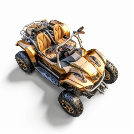 unreal xd quad buggy on white, featuring golden hues and a hyper-detailed rendering. this futuristic glamour vehicle, reminiscent of the cinquecento style, is captured in a stunning photo taken with a nikon d750 by yanjun cheng. perfect for adventure-themed enthusiasts. ai generatedの素材
