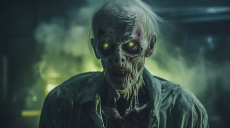a zombie with glowing green eyes sits in a flooded basement, showcasing photorealistic detail and a close-up shot. the image captures the essence of grandparentcore, suburban ennui, and a smokey background. the solarizing master technique adds a unique touch, emphasizing the skeletal features of the zombie. ai generatedの素材