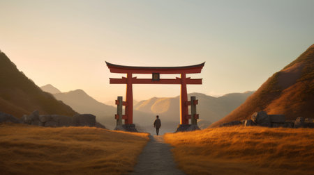 a person walks across the entrance to a japanese garden, leading into the mountains. the photo captures the essence of conceptual minimalism with its light red and gold tones. the pastoral landscape, rendered in 8k resolution, showcases a harmonious blend of light bronze and orange hues. this image beautifully represents cultural identity and serves as a stunning piece of concept art. ai generatedの素材