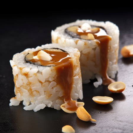 peanut sushi rolls with caramel, showcased on a black background. this photograph captures the essence of rollei prego 90, with its dark beige tones and sharp attention to detail. the monochromatic color scheme adds a touch of elegance to these delectable rolls, creating a visually stunning image. ai generatedの素材