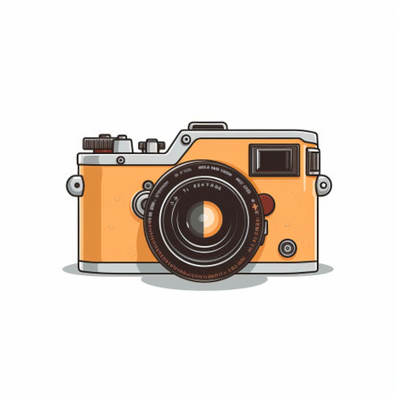 orange vintage camera with a viewfinder on a white background. this camera, in the style of simple, colorful illustrations, features minimalist portraits with light purple and light brown accents. it is inspired by the works of adi granov and is equipped with a leica 50mm f95 lens. the camera showcases simple line work and is similar to the sony alpha a7 iii. ai generatedの素材