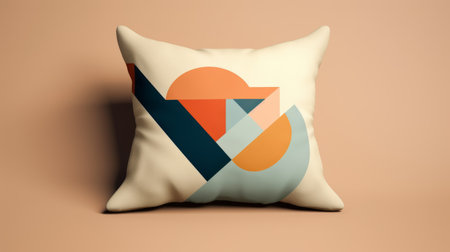 abstract geometric shapes in white, orange, and mustard brown adorn this v cushion. the design, inspired by dark cyan and light beige minimalistic abstract compositions, is rendered in cinema4d. the cushion showcases detailed marine views, vibrant color gradients, flat forms, bright colors, and bold shapes. ai generatedの素材