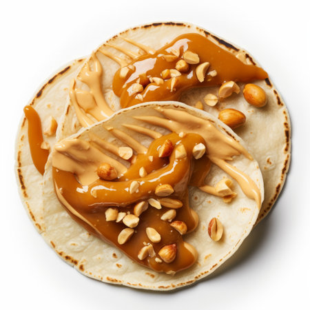 a toasted taco with peanut butter on top, showcasing a split toning effect. this traditional chinese-inspired dish has a glossy finish, beautifully wrapped. the photo is captured by mark arian, a talented photographer from the nul group, and the culinary creation is credited to sergio aragons. ai generatedの素材