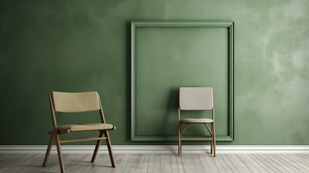 two chairs positioned against a vibrant green wall, with an unoccupied wooden seat placed in front of an empty frame. this composition, reminiscent of the daz3d style, showcases tonal variations in color and embodies an organic minimalistic aesthetic. inspired by the works of gerard ter borch, the image is captured in stunning 8k resolution, featuring bold and angular elements, as well as a muted colorの素材