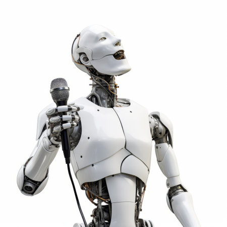 a robot singing with a microphone is depicted in this realistic rendering over a white background. the image, inspired by the style of steve hanks, showcases the lifelike representation of the human form. made of aluminum, the robot's dark white appearance adds to its intriguing aesthetic. this associated press photo captures a moment of humanistic empathy through the fusion of technology and art. ai generatedの素材