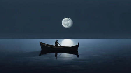 a person in a small boat gracefully glides through the water, illuminated by the enchanting glow of the full moon. this photograph, inspired by the style of bess hamiti, captures the intricate details of the scene with a touch of photorealism. the composition draws inspiration from the contrasting balance found in the works of jos clemente orozco, blending elements of realism and fantasy. the resultの素材