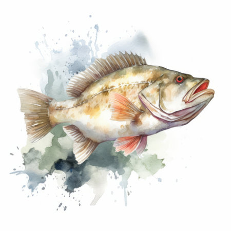 large yellowfish fish hand painted illustration on a bright white background. the illustration is done in the style of florian nicolle, featuring watercolor landscapes with light beige and crimson tones. the detailed character illustrations are contest winners, known for their colorful and eye-catching compositions. the artwork showcases fluid and dynamic brushwork. ai generatedの素材