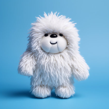 stuffed animal on blue background, featuring bold chromaticity and a playful character design. this photo captures the essence of frostpunk, with its vibrant colors and whimsical style. shot with a zeiss batis 18mm f2.8 lens, the light creates a beautiful contrast of white and silver. the inclusion of ambient occlusion adds depth to the image, reminiscent of bob ross's artistic techniques. ai generatedの素材