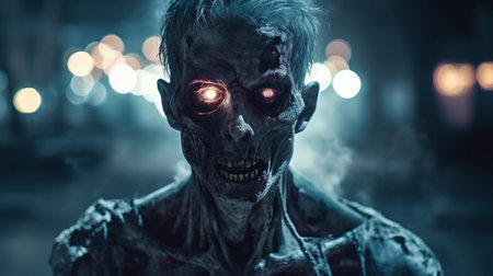 a photo of a scary zombie in the style of realistic hyper-detailed rendering. the image features a hacked zombie with a dark silver and sky-blue color palette. the backlit photography creates a haunting atmosphere, enhanced by a lens flare effect. this halloween-themed photo is perfect for social media portraiture and captures the essence of terrifying zombies. ai generatedの素材