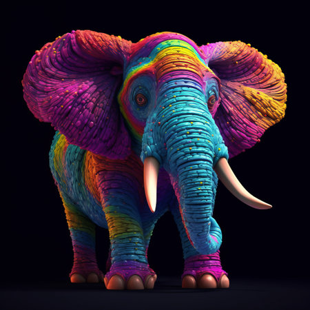 rainbow elephant painted in vibrant and textured style of zbrush. unique character with unmodulated color on a black background. this artwork by mark henson showcases a heavily textured and eye-catching design. ai generatedの素材