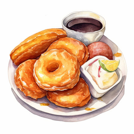 a plate of fried donuts, inspired by traditional vietnamese cuisine, is depicted in this aquarellist-style illustration. the hyper-detailed portrayal showcases the realistic play of light and shadow, while the use of soggy and saturated pigments adds a unique touch. these avocadopunk donuts are a delicious treat that will surely satisfy any sweet tooth. ai generatedの素材
