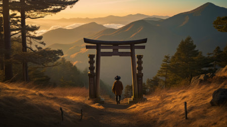 a person stands in front of a shrine, surrounded by majestic mountains and bathed in warm sunlight. this photo captures the essence of nostalgic landscapes, drawing inspiration from japanese aesthetics. with a touch of national geographic's expertise, this uhd image showcases hazy landscapes reminiscent of cabincore, beautifully blending eastern brushwork techniques. ai generatedの素材