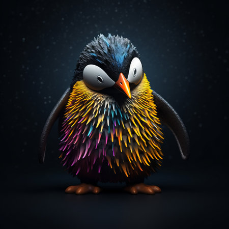 a peacock penguin with sparkly black and bright yellow feathers, rendered in cinema4d, showcasing colorful textures. the artwork by anton fadeev features unmodulated color, with dark and foreboding shades, creating a mottled yet cute and colorful composition. ai generatedの素材