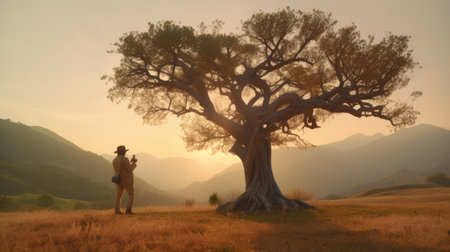 one person stands near an olive tree in this cinematic image, reminiscent of cowboy imagery. created using cinema4d, this national geographic photo captures the soft and romantic landscapes. the detailed hunting scenes are brought to life in 8k 3d, showcasing the beauty of romantic dramatic landscapes. ai generatedの素材