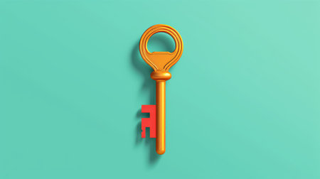 key on blue background, featuring bright colors and bold shapes. the photorealistic rendering showcases the key's details, while the dark orange and light emerald hues add a vibrant touch. this commercial imagery highlights the use of common materials. the key stands out against the light yellow and magenta backdrop, thanks to the visually appealing physically based rendering. ai generatedの素材