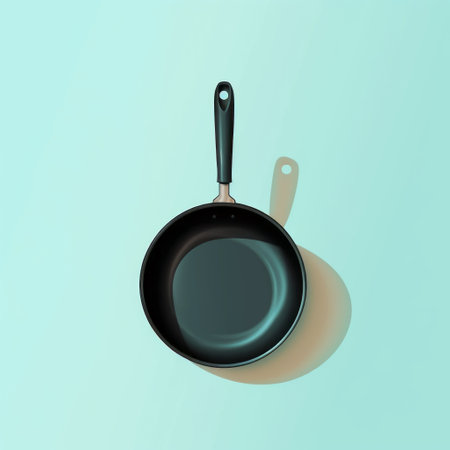 a frying pan sits on a vibrant blue background, showcasing a realistic portrayal of light and shadow. the pan's colors of light green and black create a visually striking contrast. the image is characterized by its accurate and detailed depiction, with a soft yet solid and structured composition. the attention to detail is evident, making this photograph captivating and visually appealing. ai generatedの素材