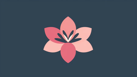 a pink flower logo featuring delicate pink petals against a black background. this minimalist design draws inspiration from oriental art styles, such as ssaku hanga and thai art. the color palette includes light navy, light beige, light maroon, light azure, light orange, and dark gray, creating a harmonious and visually appealing composition. ai generatedの素材