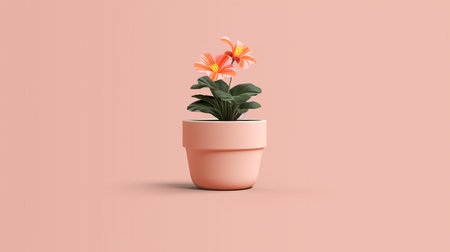 a vibrant flower sits in a pot on a pale pink surface, showcasing a distinctive character design. rendered in cinema4d, this highly realistic image captivates with its bold and vibrant color usage, featuring shades of light orange. the imitated material adds to the overall appeal of this visually striking composition. ai generatedの素材
