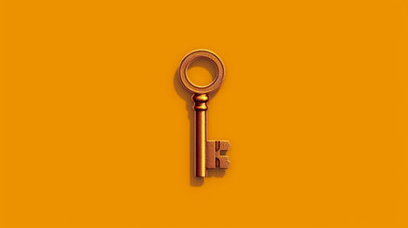 golden key on a bright orange background, featuring a narrative-driven visual storytelling style. this captivating image showcases minimal retouching and pop-inspired installations. with hints of gray and bronze, the key exudes an oshare kei aesthetic. the architectural focus adds depth to the cybersteampunk atmosphere. ai generatedの素材