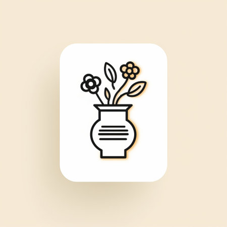 vase icon featuring flowers and leaves in a minimal retouching style. the design incorporates light black and light amber colors, with playful use of lines. created using a ricoh r1 camera, the image explores texture and showcases soft, rounded forms. inspired by egyptian iconography. ai generatedの素材