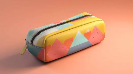 a recreated travel cosmetic bag with stripes, featuring a low poly style. the bag showcases layered textures, shapes, and colorful animations. it incorporates focus stacking techniques and draws inspiration from the quito school of art. the design includes graphic illustrations and realistic landscapes with soft edges. ai generatedの素材