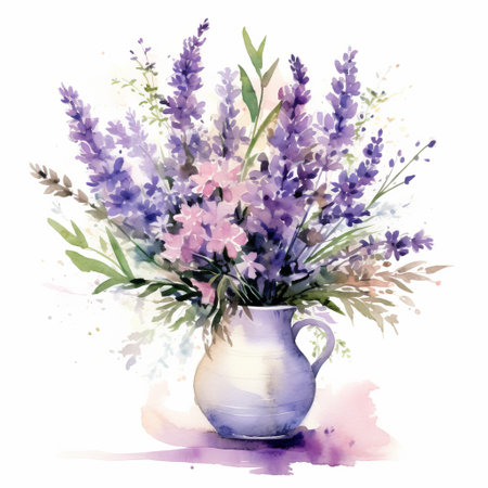 watercolor illustration of vibrant roses and lavenders, created in the style of glazed earthenware by artist alena aenami. this uhd image showcases colorful arrangements of flowers in decorative vessels, resulting in an eye-catching composition. a contest winner, this artwork captivates with its stunning use of watercolors. ai generatedの素材
