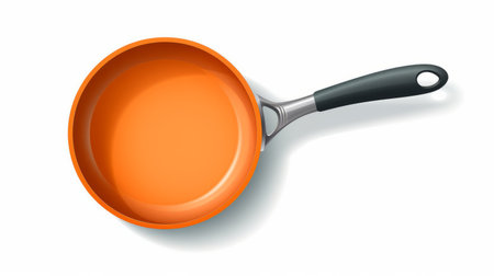 orange stainless steel frying pan isolated on a white background. this minimalist illustration, inspired by the style of guy carleton wiggins, showcases the vibrant color and sleek design of the pan. a creative commons attribution is given to zeen chin, sketchfab, clay mann, and avocadopunk. ai generatedの素材