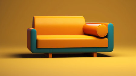 an orange and turquoise sofa, rendered in cinema4d, sits on a white ground. the design, inspired by stephen hillenburg, features dark yellow and dark beige accents. the minimalist background enhances the shiny, glossy finish of the sofa, while the streamlined design creates a striking contrast against the backgrounds. ai generatedの素材