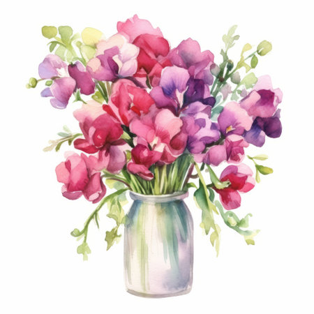 a stunning watercolor bouquet of flowers, painted in a realistic style with shades of light red and purple. this beautiful still life showcases the delicate details of each petal and leaf. the bouquet is displayed in a bentwood vase, adding a touch of elegance. the vibrant colors of light magenta and light green bring the painting to life. perfect for collectors and those who appreciateの素材