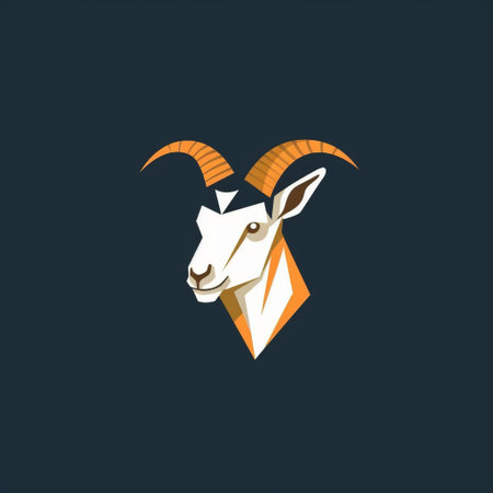 a goat head logo design featuring a pristine geometry and detailed character design. the style incorporates light orange and dark azure colors, with accents of dark white and dark emerald. the logo is showcased on a shaped canvas, complementing the innovative page design and technological theme. ai generatedの素材