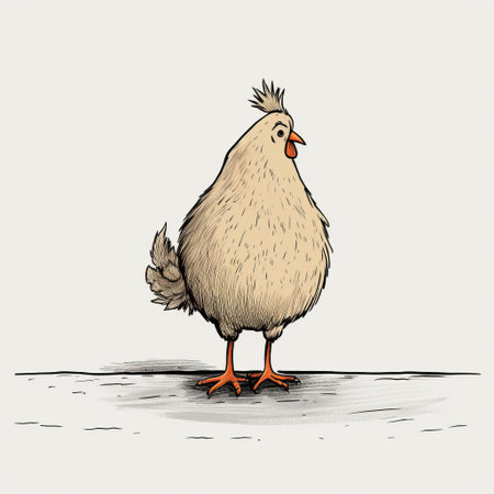 a hand sketch illustration of a chicken on a white background, featuring quirky character designs reminiscent of robert crumb's style. the chicken is depicted in dark beige and light beige tones, with meticulously detailed and spiky mounds. this illustration captures the essence of detailed character illustrations and colorful animation stills. ai generatedの素材