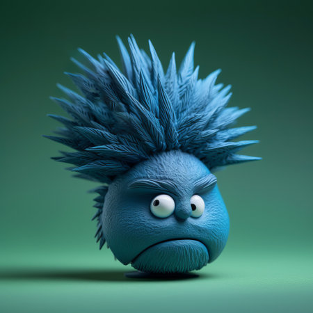 a 3d model of a blue object with an axe pointing towards it. this realistic and emotive portrait is created using feathers, resulting in a bulbous and colorful caricature. the image is captured with a melancholic tone, utilizing focus stacking techniques. shot on 70mm, this unique artwork showcases intricate details and evokes a sense of curiosity. ai generatedの素材