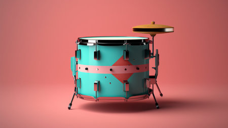 a 3d render of a drum set featuring a combination of metal and plastic elements. the design showcases a tasteful use of negative space with a light turquoise and pink color scheme. inspired by makoto shinkhai, the drum set incorporates light red and light emerald accents. the playful geometry, traditional craftsmanship, and smooth, polished finish add to its overall appeal. ai generatedの素材