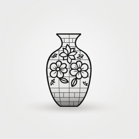 a black and white illustration of a vase in a vase design, showcasing flower patterns in an oriental minimalist style. this ceramic street art piece features a combination of light maroon and light gray colors against a white background. it embodies the essence of arts and crafts, highlighting the beauty of glass and ceramics. ai generatedの素材