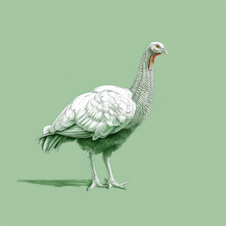 a white turkey stands out against a vibrant green background in this pencil art illustration. the detailed science fiction style adds a touch of classicism to the image, while subtle color variations create a hyper-realistic effect. this editorial illustration showcases saturated color fields, making the turkey truly eye-catching. ai generatedの素材