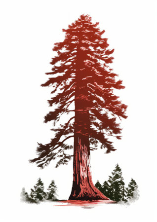 redwood national cemetery in california is captured in this bold graphic illustration. the dark red and white colors create a striking contrast against the white background. the isolated landscapes showcase the naturalist beauty of the area, while the ultrafine detail adds depth to the image. this photo embodies environmentalism and pays homage to the american cemetery. ai generatedの素材