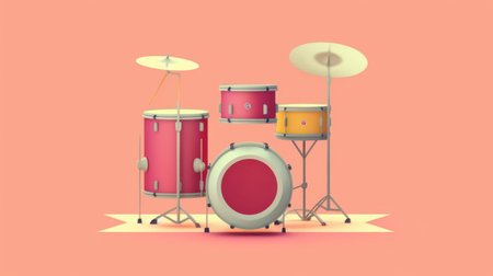 a drumstick kit is showcased in this photo against a vibrant pink background. the flat style music instrument, rendered in cinema4d, features a combination of light cyan and orange colors. the matte photo highlights the realistic and detailed rendering of the drumstick kit. the bauhaus-inspired designs add a playful and whimsical tone, while the bold color blends create an eye-catching visual. ai generatedの素材