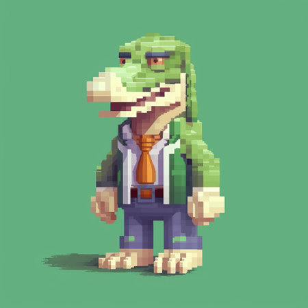 a green pixelated alligator wearing a tie stands out in this emotive surreal character study. the highly detailed figure, created using zbrush, showcases the neo-geo style and captures the essence of city portraits. this charming character merges the worlds of pixelated art and whimsical fashion. ai generatedの素材