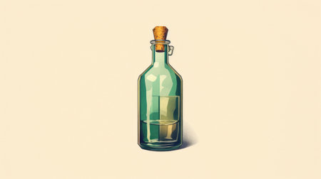 a digitally hand-drawn image of a wine bottle, inspired by absinthe culture. the retro filters give it a vintage feel, with hues of aquamarine and amber. created by artist gediminas pranckevicius, the image showcases a unique style reminiscent of glazed earthenware. the use of screen tones adds depth and texture, highlighting the raw materials used in the artwork. ai generatedの素材
