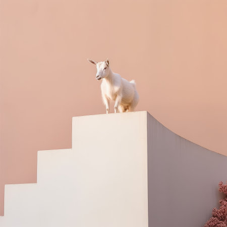 a white goat stands against a pink wall in this minimalistic landscape photo by naia clement. the photorealistic accuracy and polychrome sculpture create a stunning visual. with its 8k resolution, the image showcases the spectralist style and high-angle perspective, resulting in a romantic and captivating landscape. ai generatedの素材