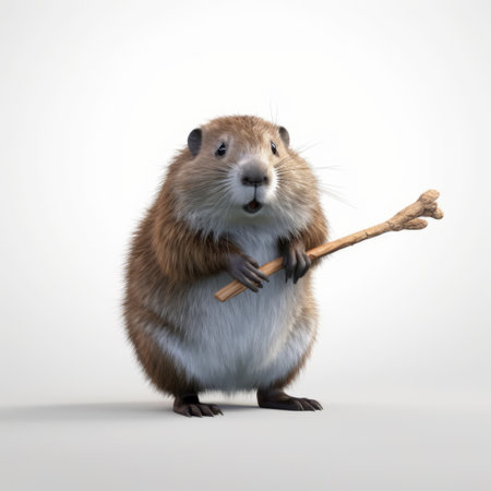 an animated animal, in the style of photorealistic representation, holds a stick. this classic rock-inspired image is captured using a graflex speed graphic camera, resulting in a matte photo with highly detailed and realistic hyper-detailed rendering. the technique of focus stacking enhances the intricate details of the subject. ai generatedの素材