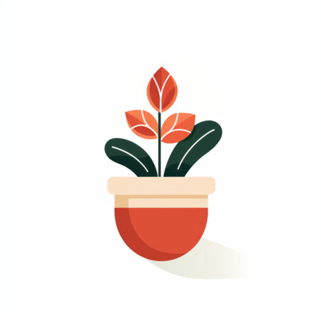 a plant in a pot with vibrant leaves and flowers is showcased against a minimalist white background. the personal iconography style adds a touch of uniqueness to the image, while the dark orange and red hues create a bold and vivid design. this colorful animation features a streamlined design and a light use of color. ai generatedの素材