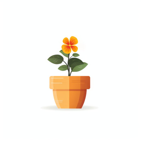 a cartoon flat design of a flower in a pot, featuring a light orange color palette and tilt-shift lenses for a unique perspective. the image showcases minimal retouching, combining natural and man-made elements seamlessly. against a white background, the flower stands out with its dark yellow and light emerald hues, creating a nature-inspired imagery. ai generatedの素材