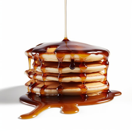 a stack of pancakes, captured in a national geographic-style scanography photo, showcases the playful subject matter. the unadorned pancakes are drizzled with syrup, creating a mouthwatering image. this unique kombuchapunk-inspired composition adds an intriguing twist to the traditional breakfast dish. ai generatedの素材
